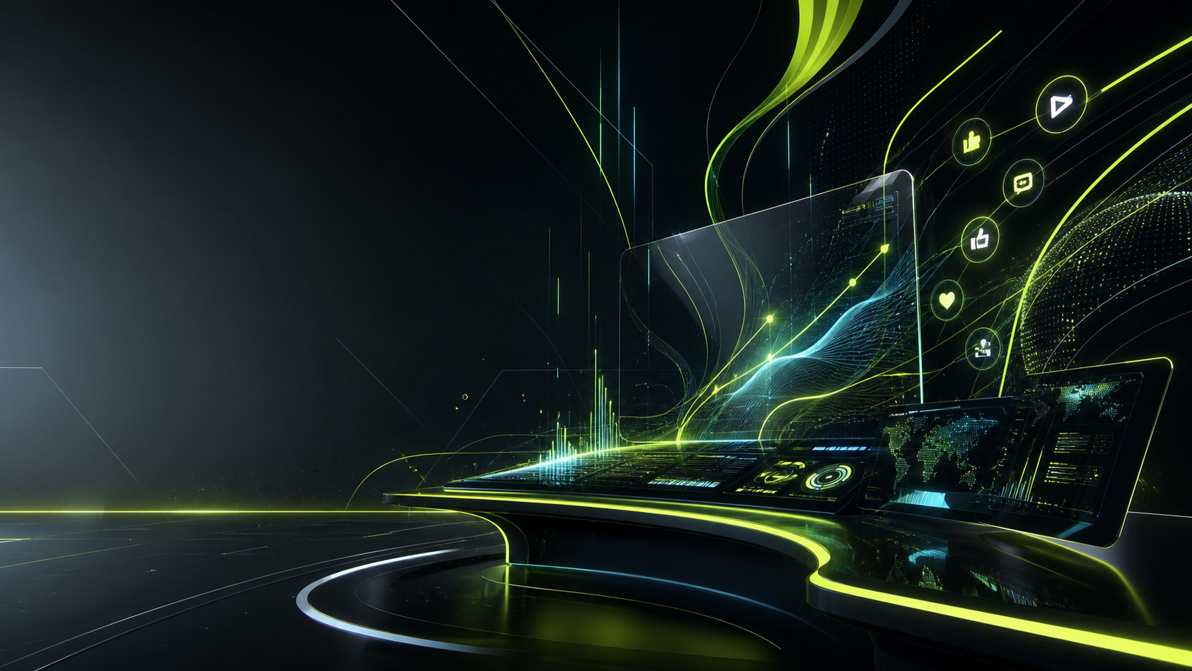 Futuristic digital marketing analytics dashboard with neon growth signals
